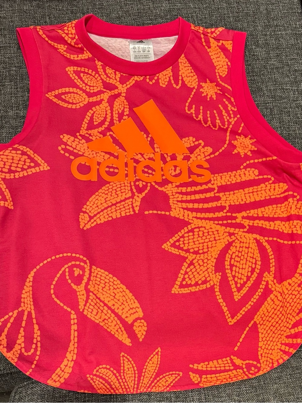 adidas Red Tank with Orange Tropical Print and Logo